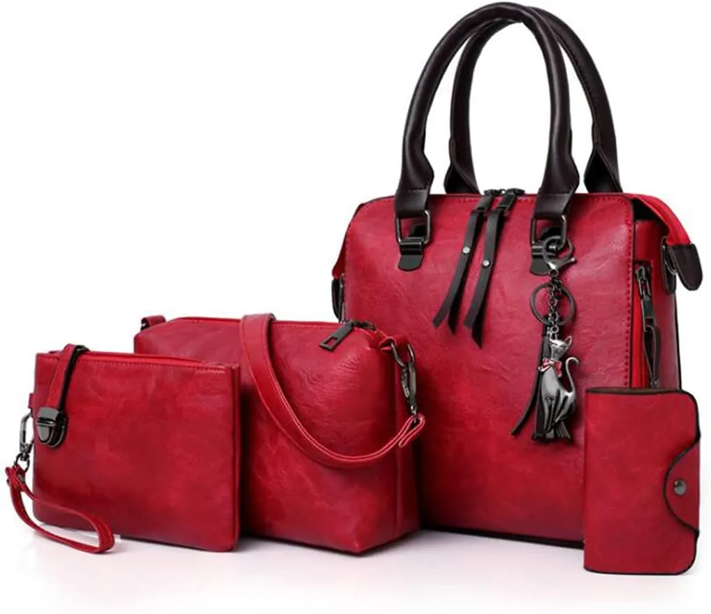 Synthetic PU Leather Tote for Women Satchel Crossbody Hobo 4pcs Handbags Shoulder Bags Tassel Fox Ornament