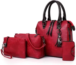 Synthetic PU Leather Tote for Women Satchel Crossbody Hobo 4pcs Handbags Shoulder Bags Tassel Fox Ornament