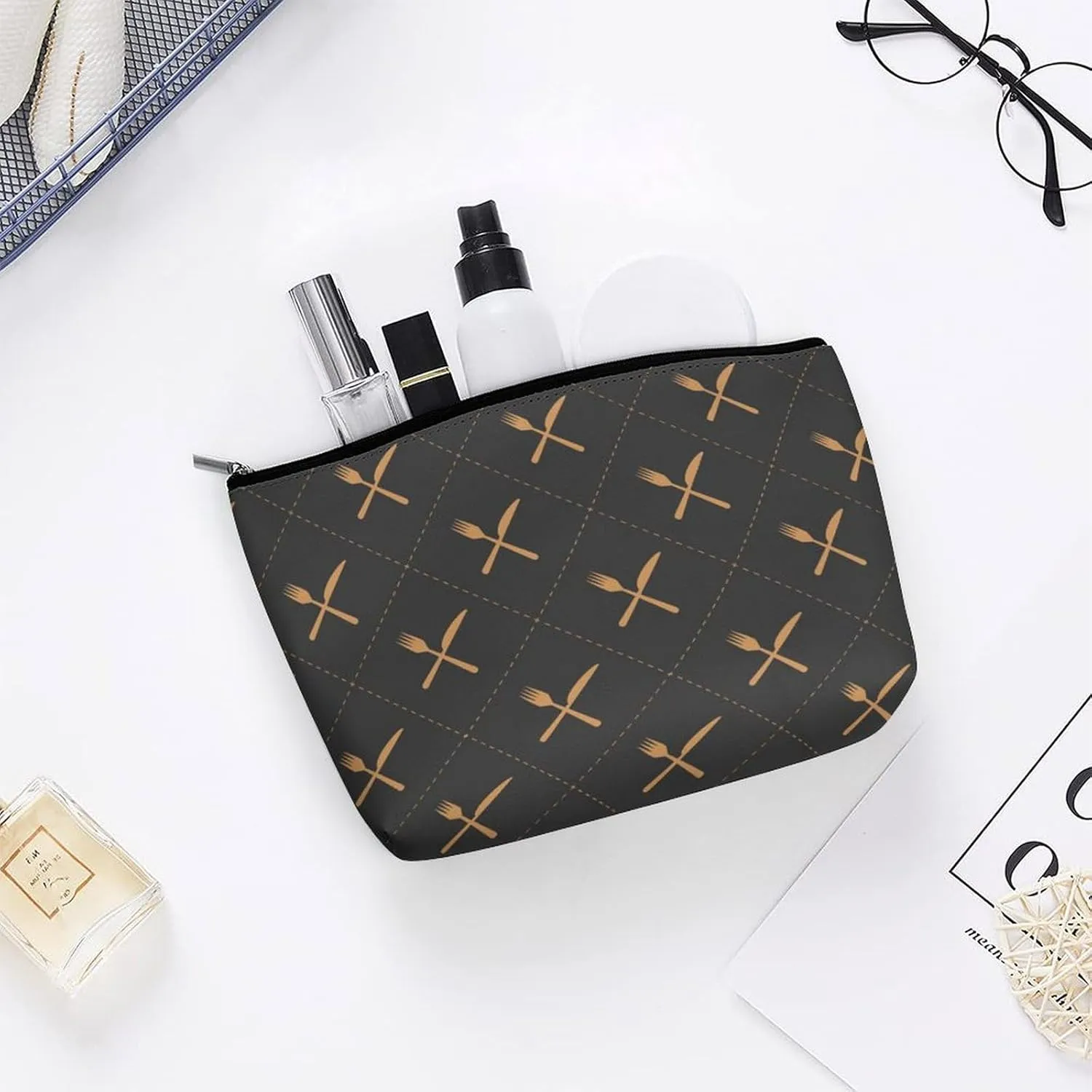 Table Cosmetic Bags Makeup Bags for Women, Knives And Forks Travel Makeup Bag Large Make up Bag,Makeup Bag Organizer Zipper Toiletry Bag for Men