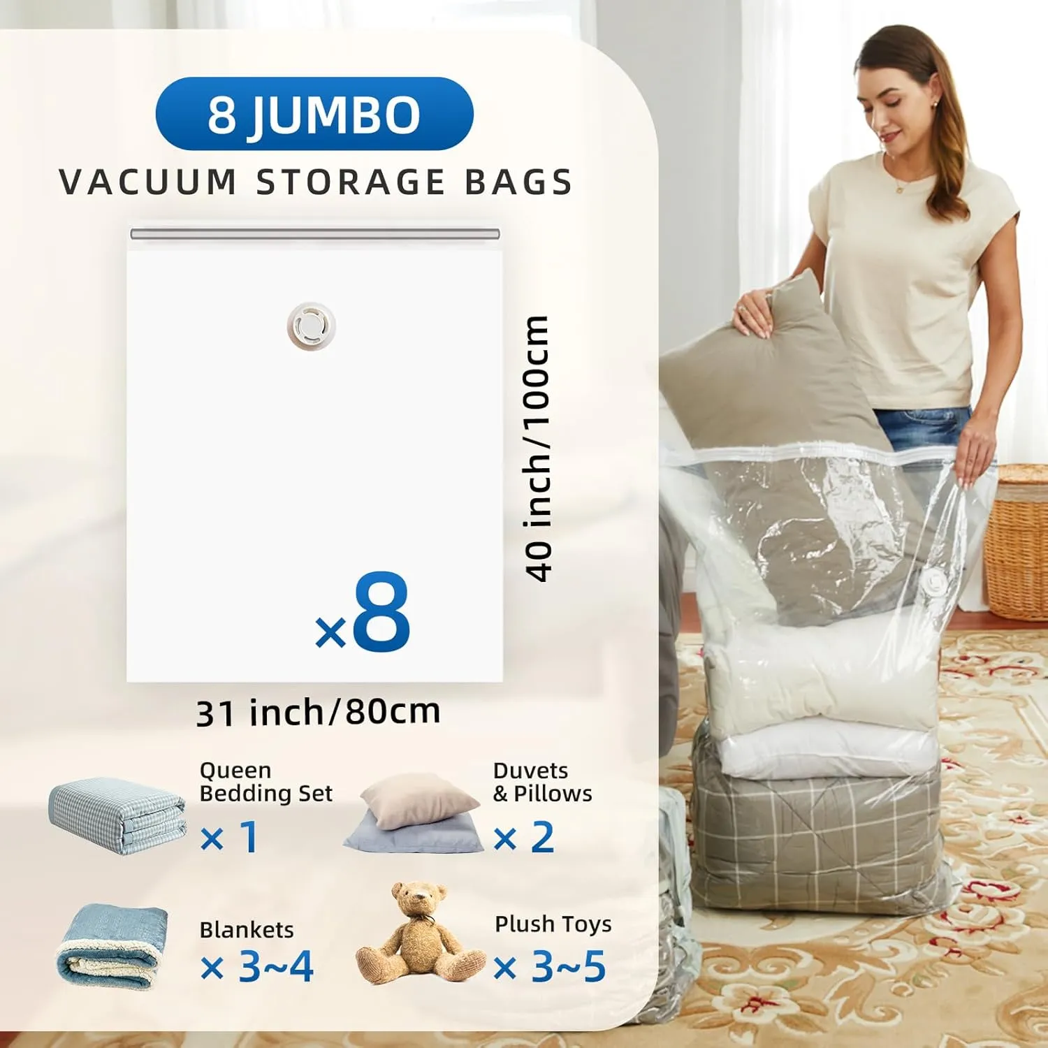 TAILI 8 Pack Vacuum Storage Bags for Comforter and Blankets, Jumbo Vacuum Seal Bags for Bedding 40x31 Inch, Space Saver Bags for Clothes, Pillows, Saving More Closet Space