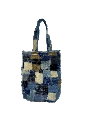 TAN & WHITE "GARMENT DISTRICT" PATCHWORK TOTE BAG