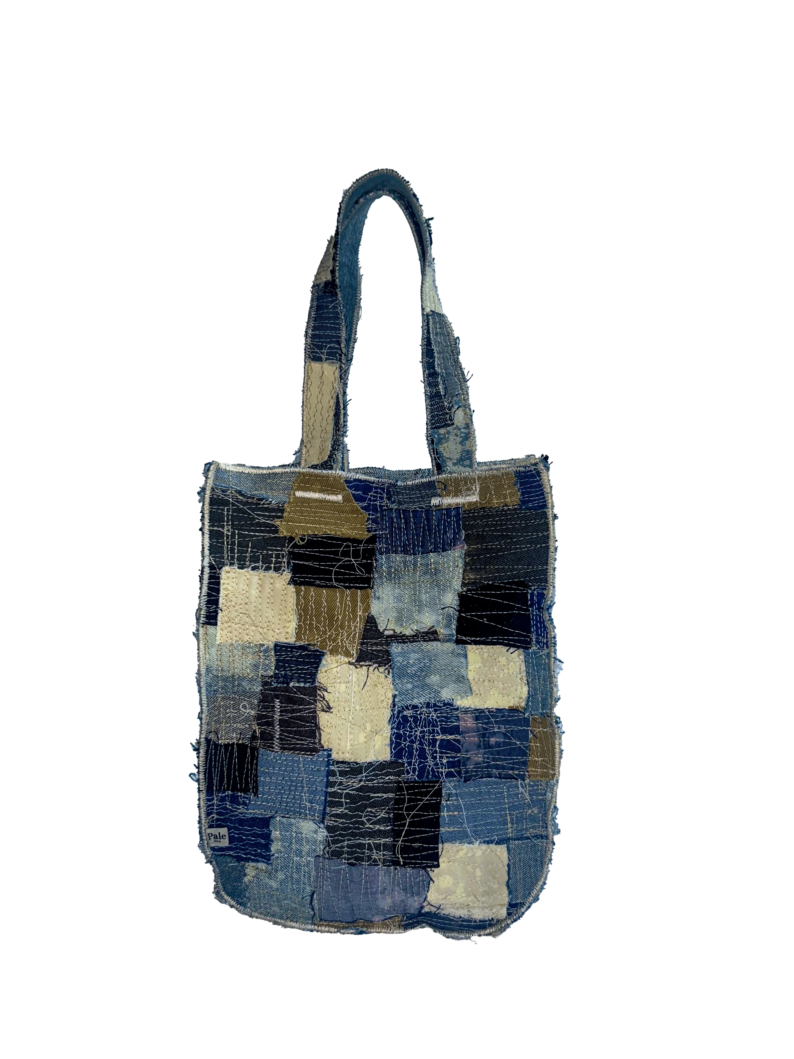 TAN & WHITE "GARMENT DISTRICT" PATCHWORK TOTE BAG
