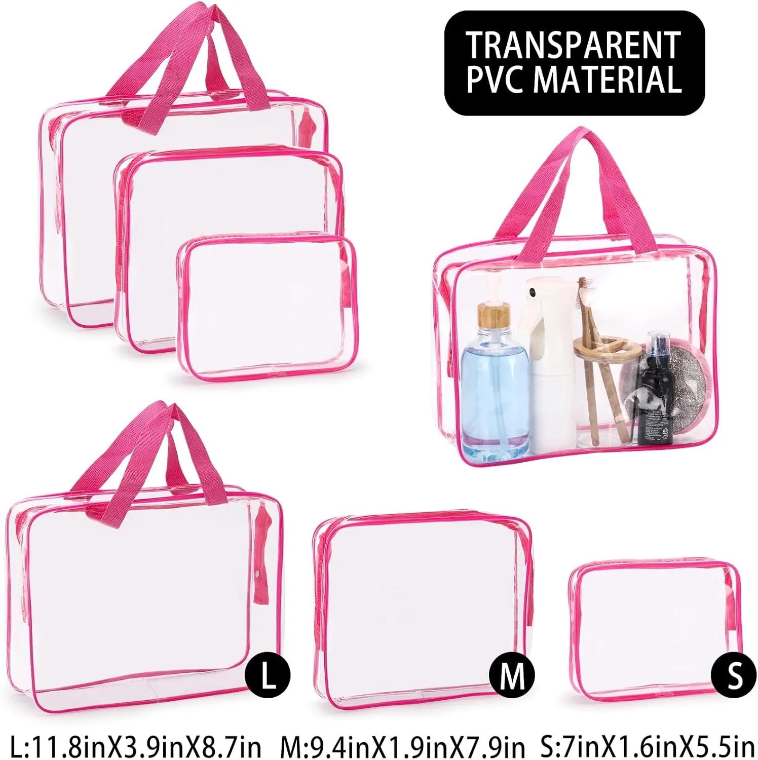 Tbestmax 6 Packs Clear Cosmetic Bags Makeup Bags Portable Waterproof Travel Toiletry Bags Organizer Rose Red(2L 2M 2S)