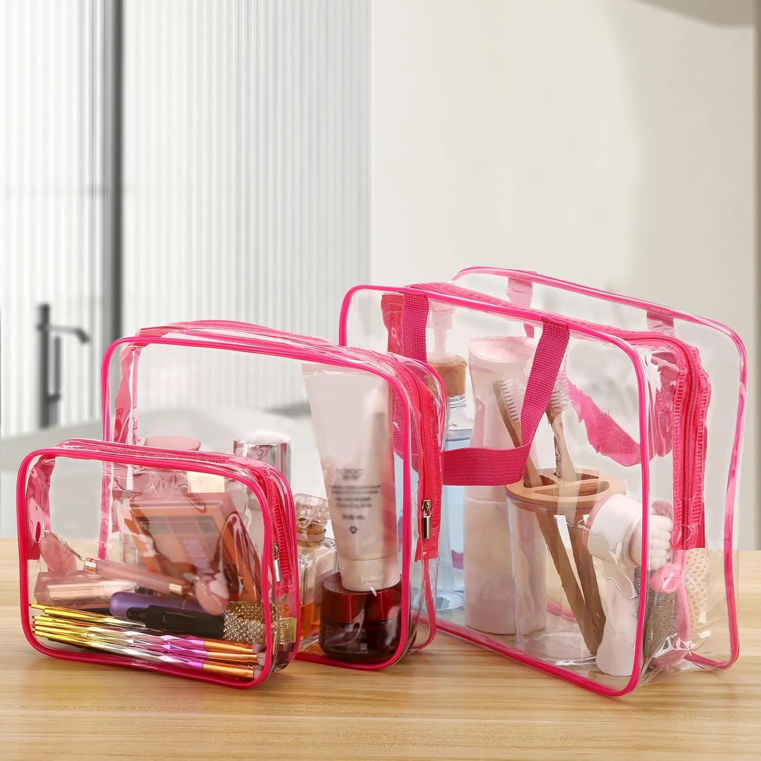 Tbestmax 6 Packs Clear Cosmetic Bags Makeup Bags Portable Waterproof Travel Toiletry Bags Organizer Rose Red(2L 2M 2S)