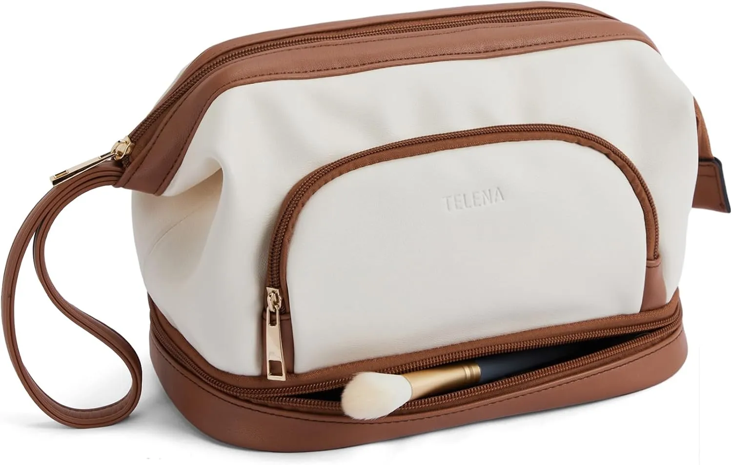 Telena Makeup Bag Large Capacity Travel Cosmetic Bags Double Layer Portable Leather Make Up Bag for Women Beige with Brown