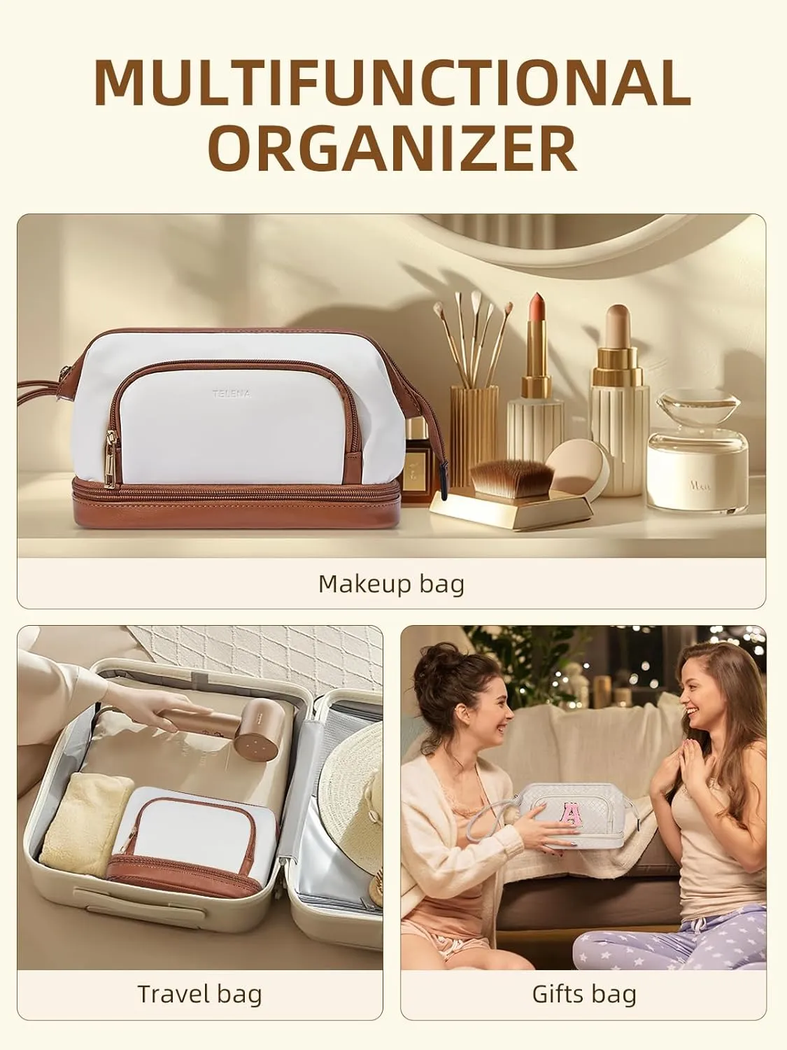 Telena Makeup Bag Large Capacity Travel Cosmetic Bags Double Layer Portable Leather Make Up Bag for Women Beige with Brown
