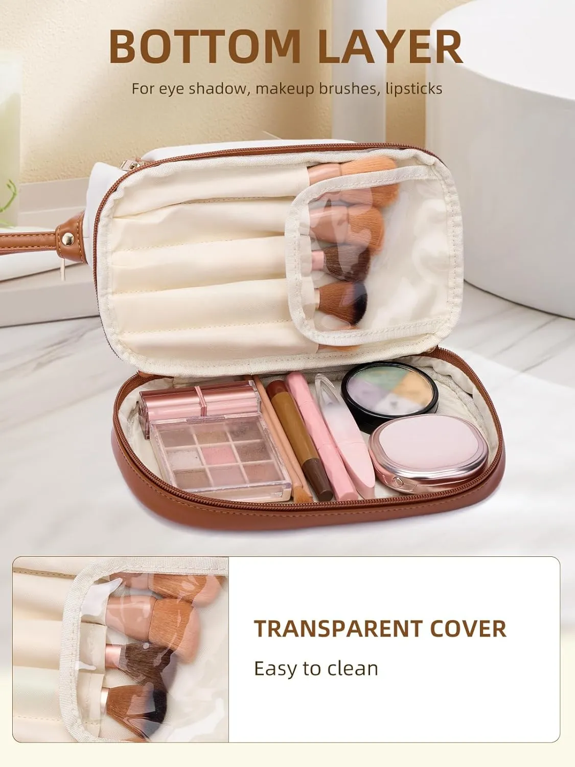 Telena Makeup Bag Large Capacity Travel Cosmetic Bags Double Layer Portable Leather Make Up Bag for Women Beige with Brown