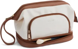 Telena Makeup Bag Large Capacity Travel Cosmetic Bags Double Layer Portable Leather Make Up Bag for Women Beige with Brown