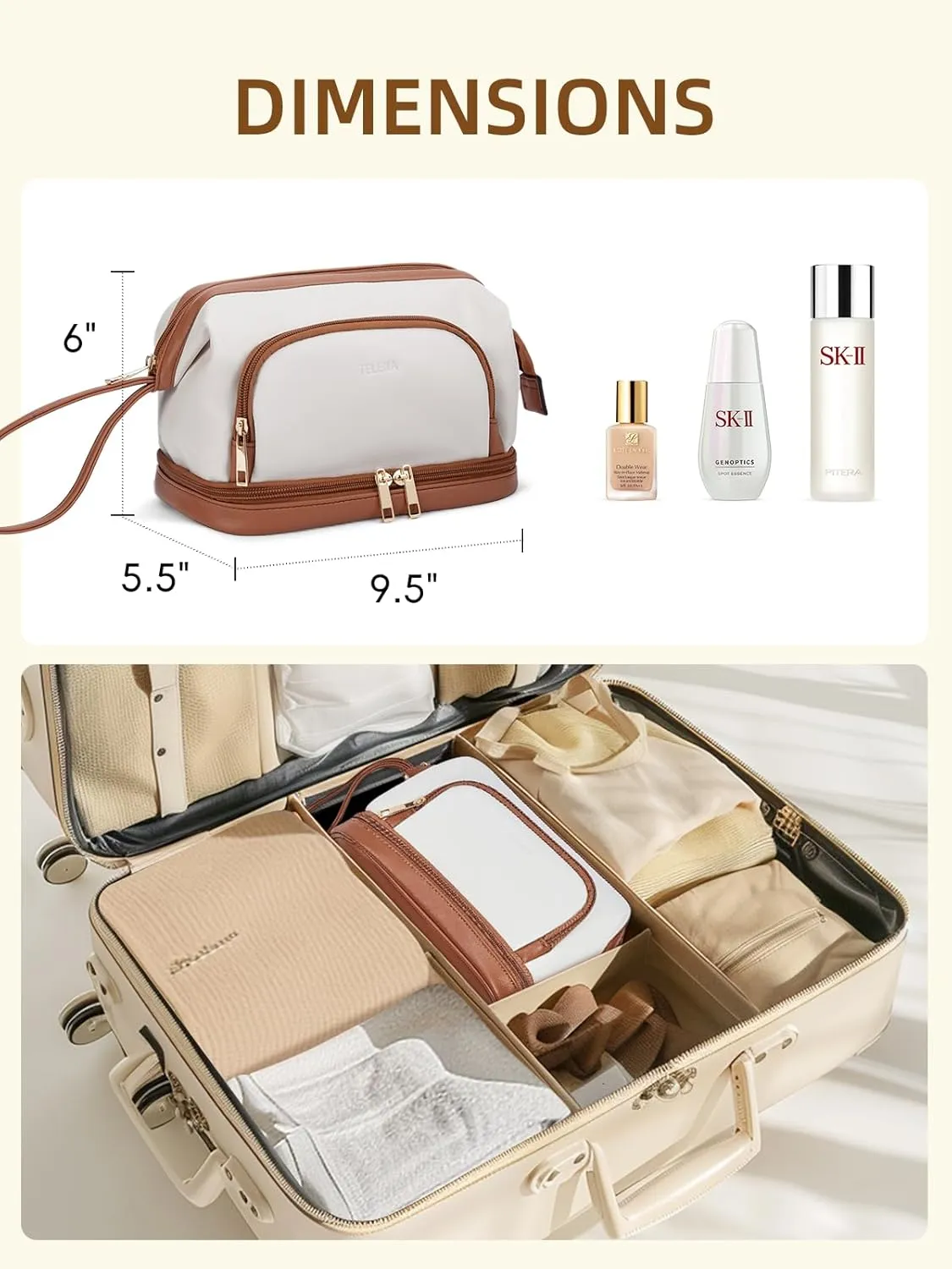 Telena Makeup Bag Large Capacity Travel Cosmetic Bags Double Layer Portable Leather Make Up Bag for Women Beige with Brown