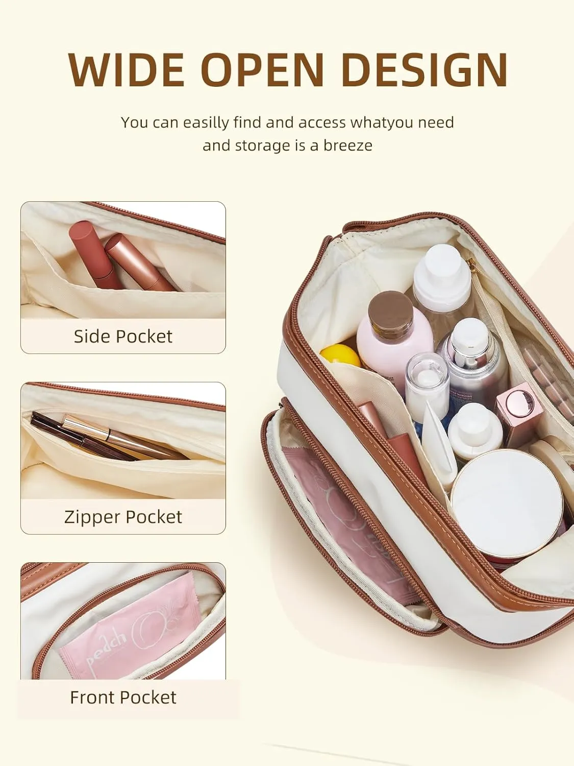 Telena Makeup Bag Large Capacity Travel Cosmetic Bags Double Layer Portable Leather Make Up Bag for Women Beige with Brown