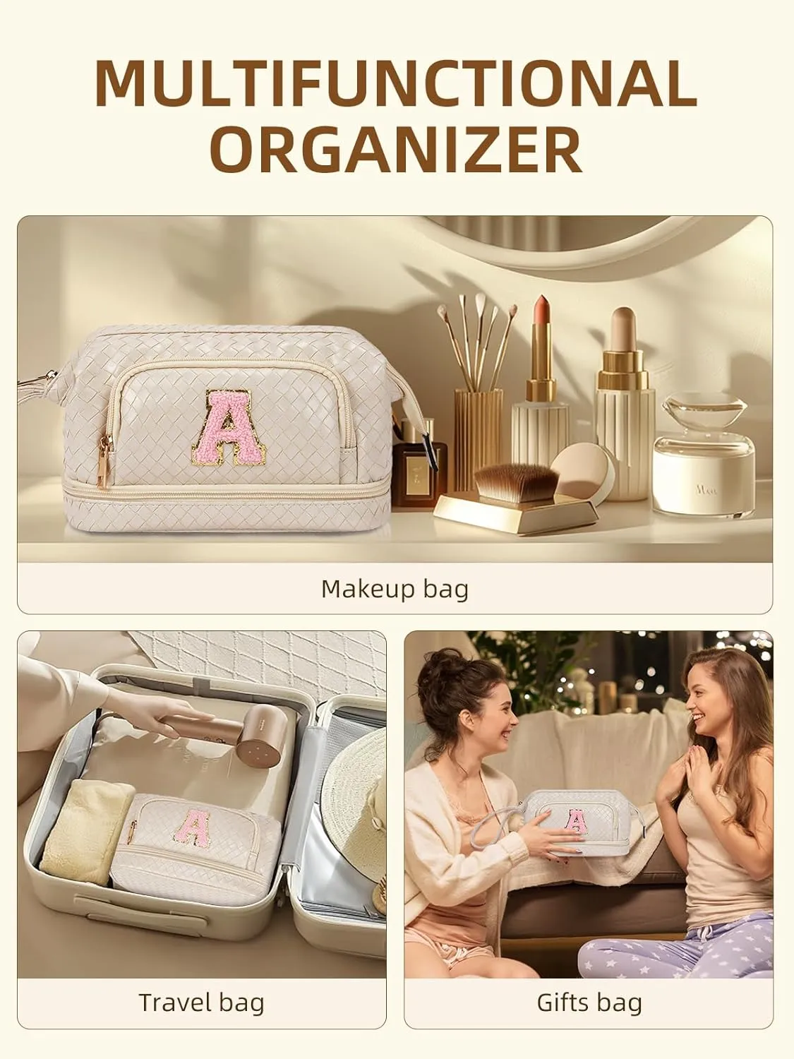 Telena Makeup Bag Large Capacity Travel Cosmetic Bags Double Layer Portable Make Up Bag for Women Beige-A
