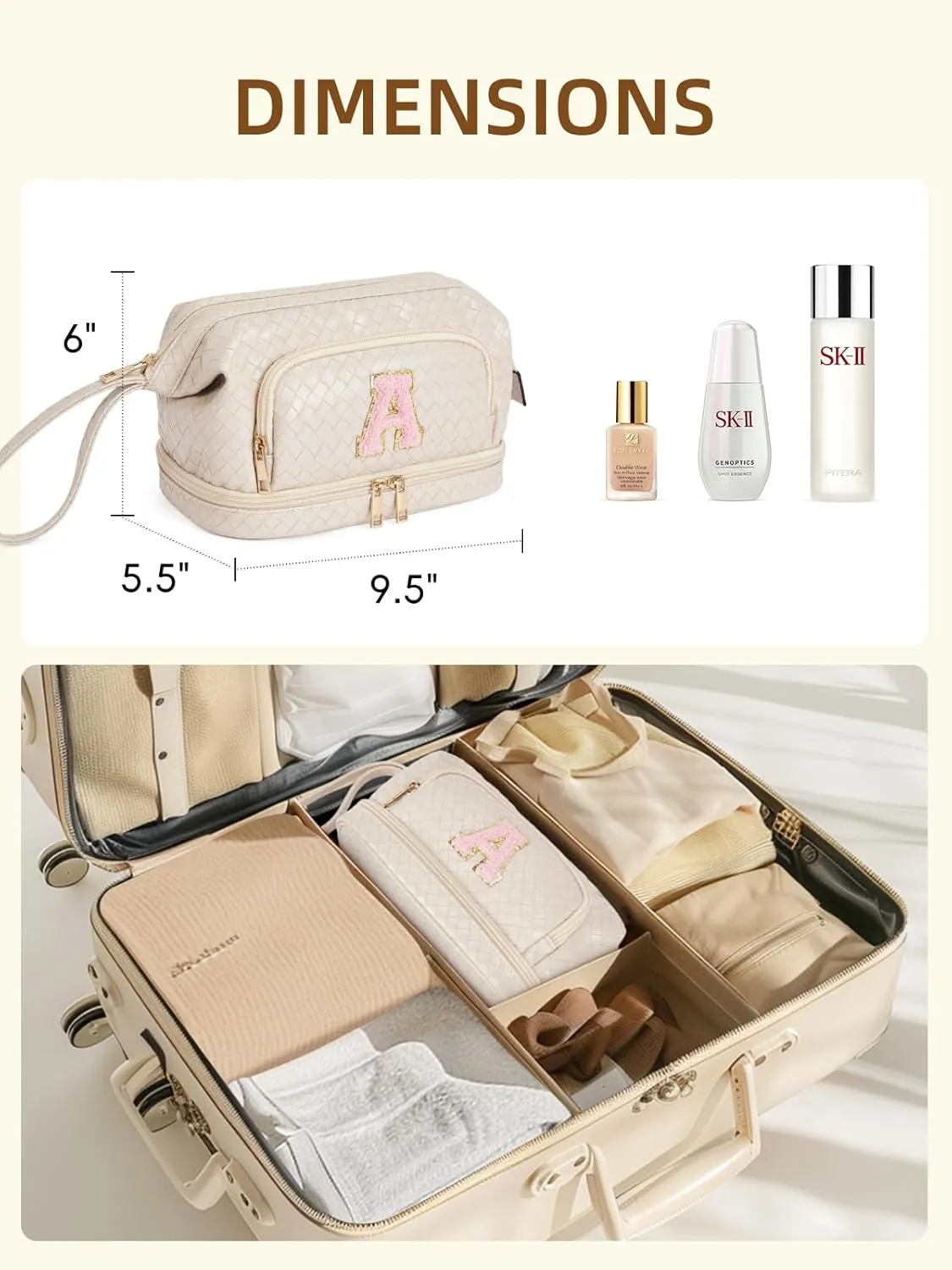 Telena Makeup Bag Large Capacity Travel Cosmetic Bags Double Layer Portable Make Up Bag for Women Beige-A