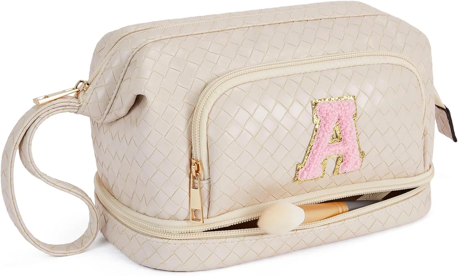 Telena Makeup Bag Large Capacity Travel Cosmetic Bags Double Layer Portable Make Up Bag for Women Beige-A