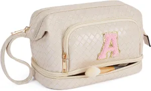 Telena Makeup Bag Large Capacity Travel Cosmetic Bags Double Layer Portable Make Up Bag for Women Beige-A