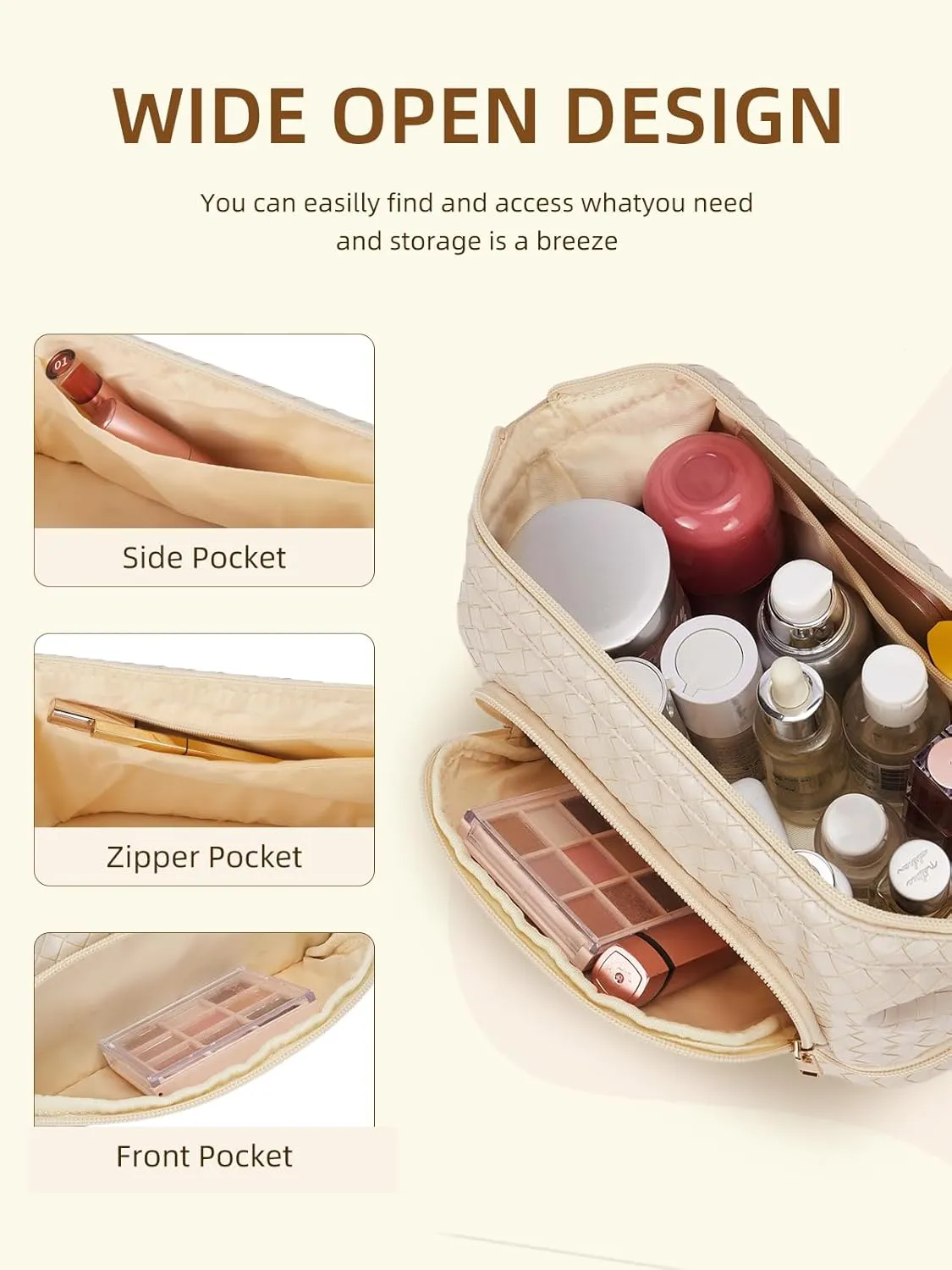 Telena Makeup Bag Large Capacity Travel Cosmetic Bags Double Layer Portable Make Up Bag for Women Beige-A