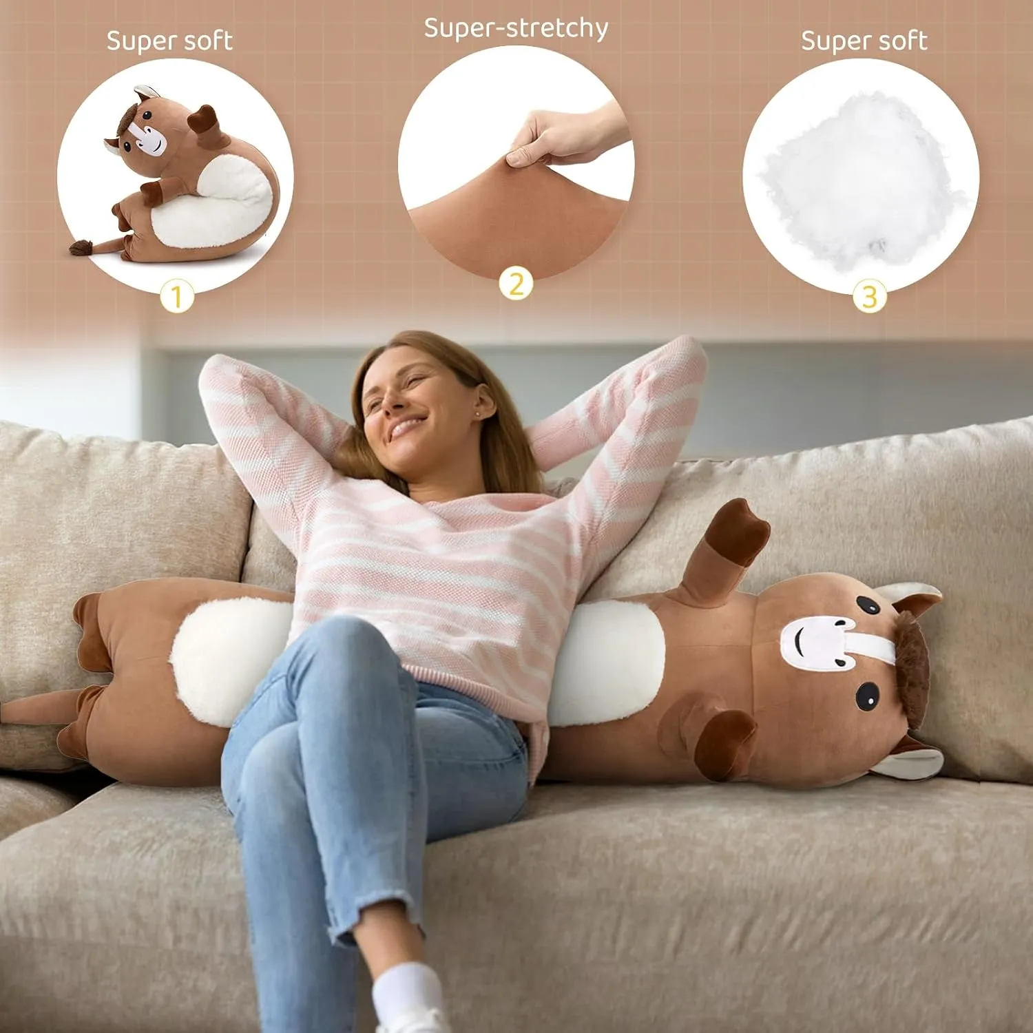 Tezituor 43 Inch Giant Horse Stuffed Animal, Soft Long Stuffed Horse Boby Plush Pillow, Large Stuffed Pony Plush Gift for Boys Girls