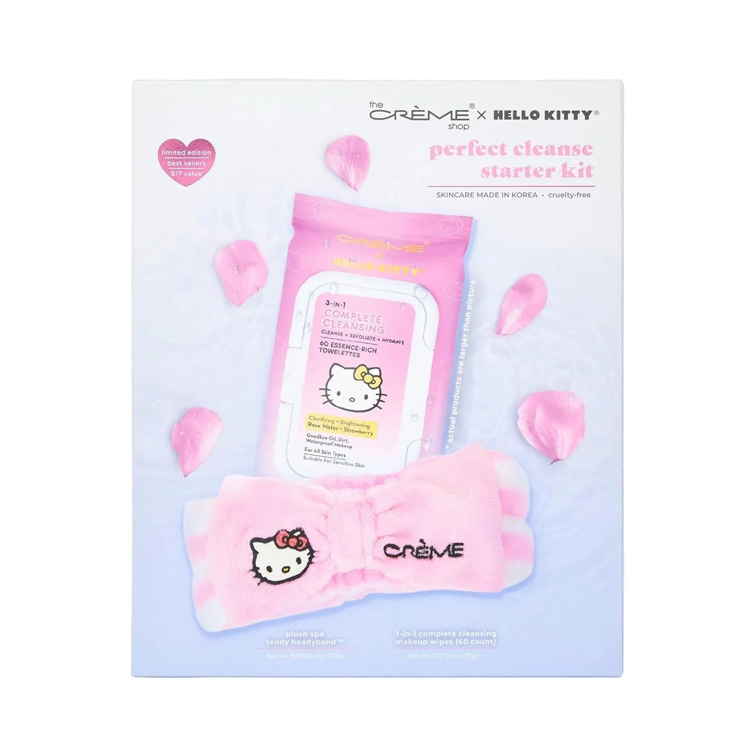 The Créme Shop x Hello Kitty Perfect Cleanse Starter Kit, Skincare Kit - 3-in-1 Complete Cleansing Wipes (60 Count) & Teddy Skincare Headband - Paraben-free, Sulfate-free, Cruelty Free