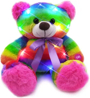 The Noodley Light Up Rainbow Teddy Bear Stuffed Animal LED Plush Night Light Sleep Toy for Girls Birthday (16 inch)