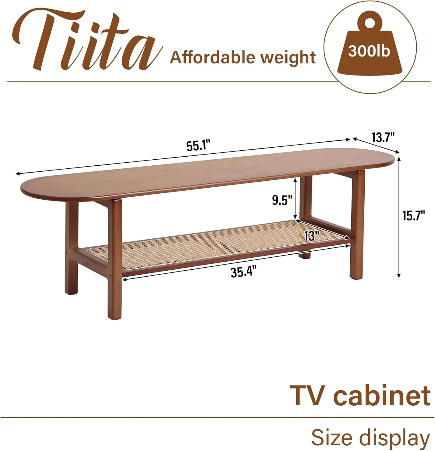 Tiita TV Stand with Storage for TV up to 65 inch, Bamboo Rattan TV Console Entertainment Center with 2 Open Shelf, Mid Century Modern Media Console for Living Room, Bedroom, Walnut
