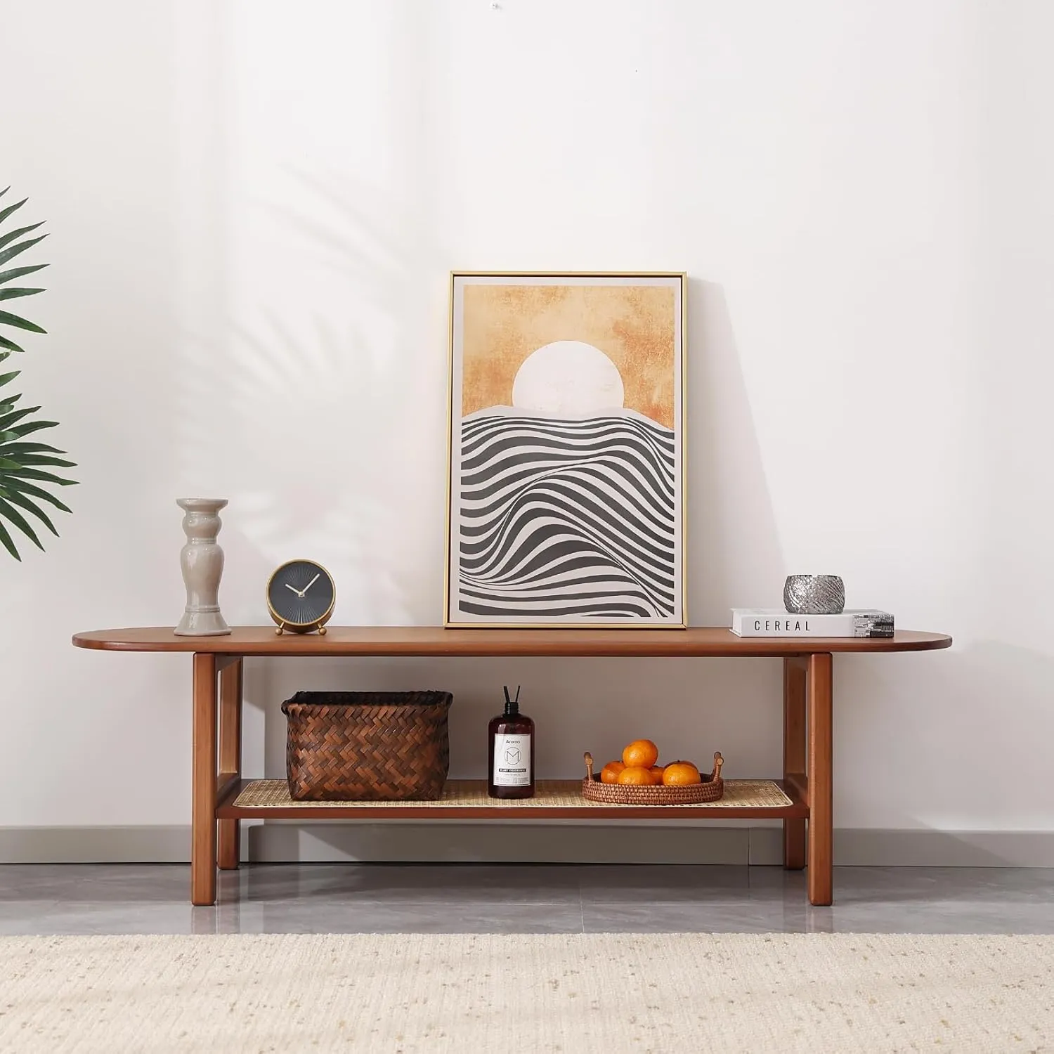 Tiita TV Stand with Storage for TV up to 65 inch, Bamboo Rattan TV Console Entertainment Center with 2 Open Shelf, Mid Century Modern Media Console for Living Room, Bedroom, Walnut