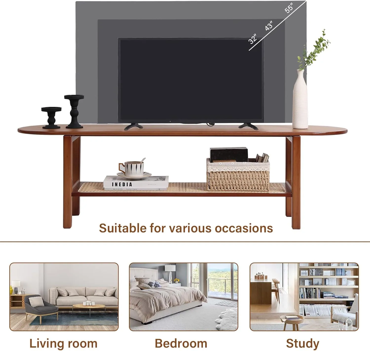 Tiita TV Stand with Storage for TV up to 65 inch, Bamboo Rattan TV Console Entertainment Center with 2 Open Shelf, Mid Century Modern Media Console for Living Room, Bedroom, Walnut