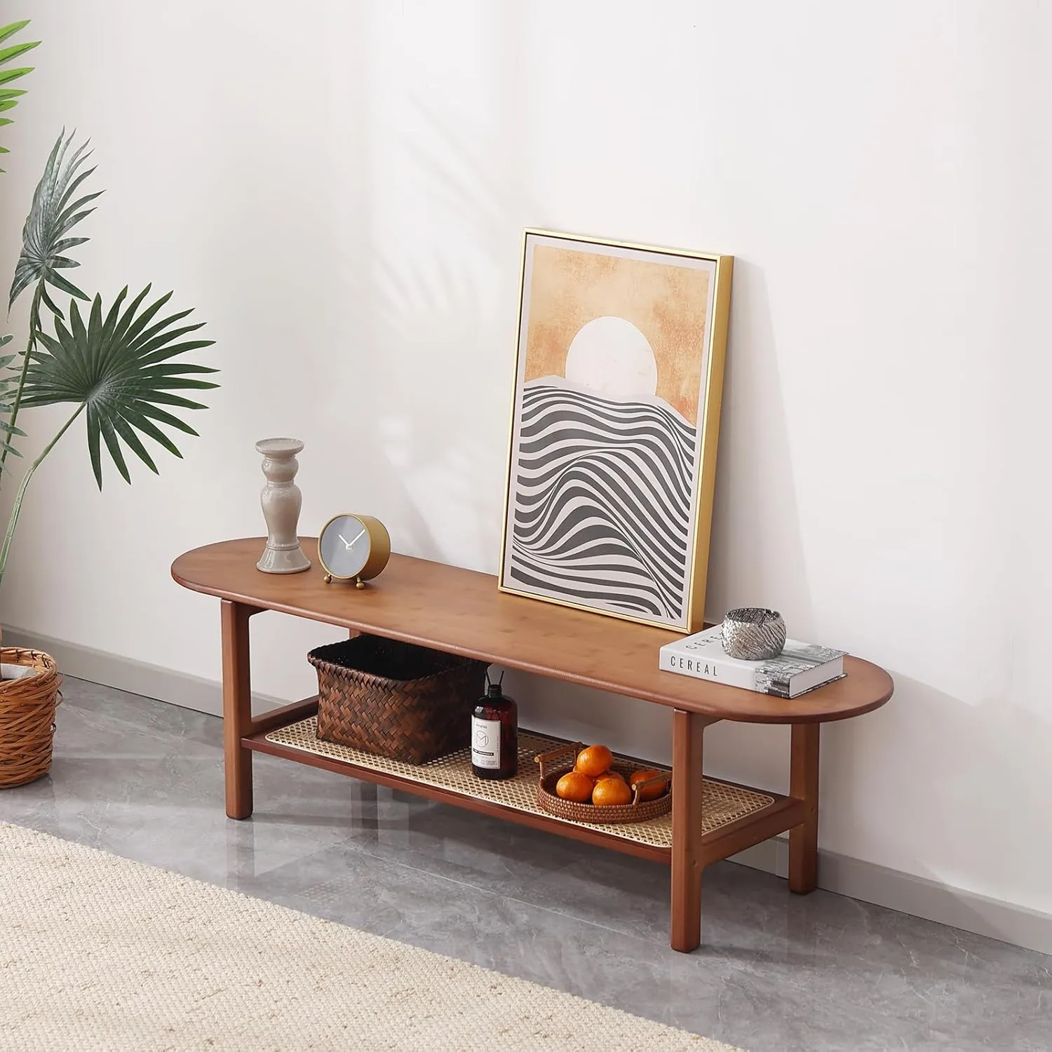 Tiita TV Stand with Storage for TV up to 65 inch, Bamboo Rattan TV Console Entertainment Center with 2 Open Shelf, Mid Century Modern Media Console for Living Room, Bedroom, Walnut