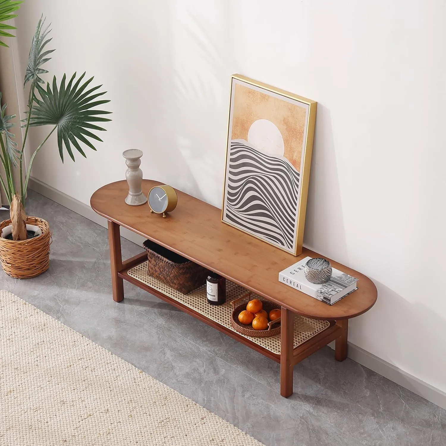 Tiita TV Stand with Storage for TV up to 65 inch, Bamboo Rattan TV Console Entertainment Center with 2 Open Shelf, Mid Century Modern Media Console for Living Room, Bedroom, Walnut