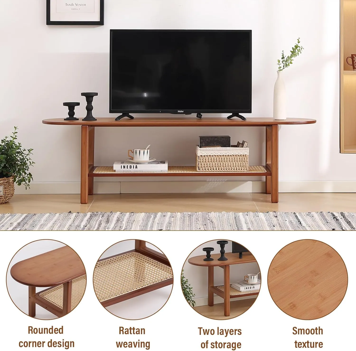 Tiita TV Stand with Storage for TV up to 65 inch, Bamboo Rattan TV Console Entertainment Center with 2 Open Shelf, Mid Century Modern Media Console for Living Room, Bedroom, Walnut