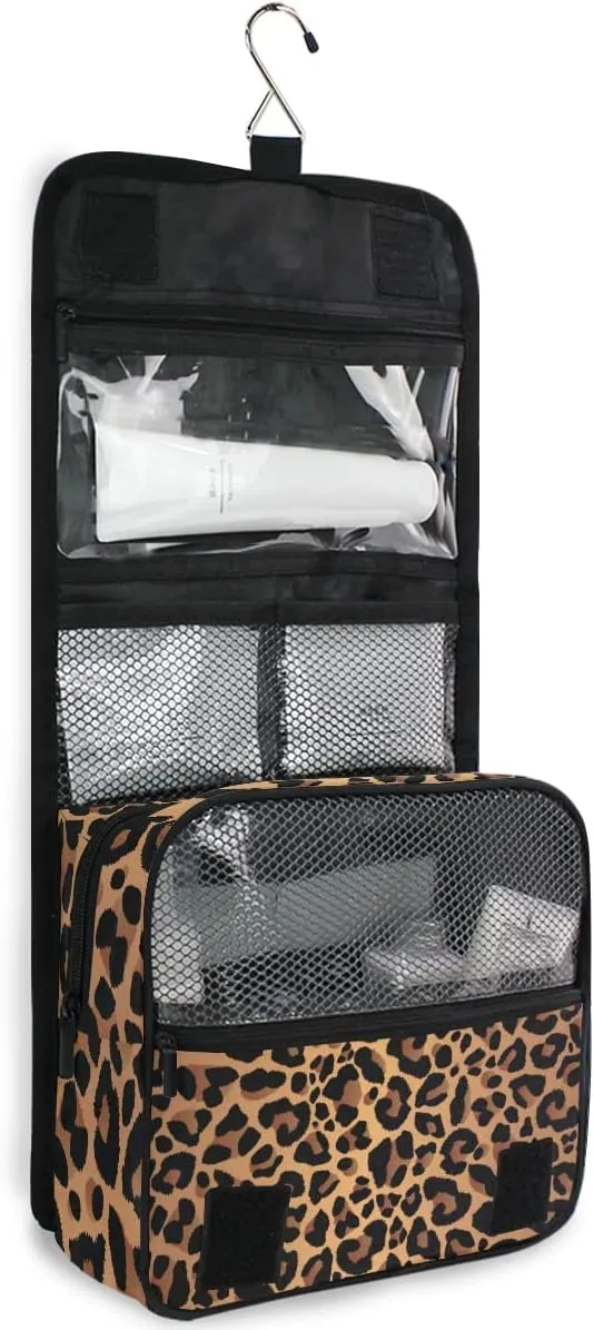 Toiletry Bag Animal Leopard Print Skin Cosmetic Makeup Bag for Women Men Girls Traveling with Hanging Hook Portable Accessories Organizer