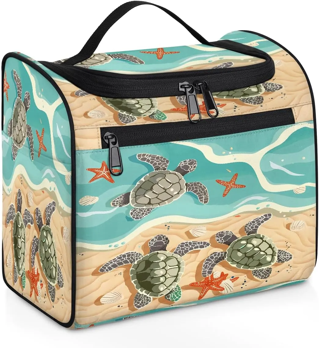 Toiletry Bag for Women Men Cute Ocean Sea Turtle Starfish Large Toiletry Bags with Hanging Hook Waterproof Makeup Cosmetic Bag for Travel Toiletries