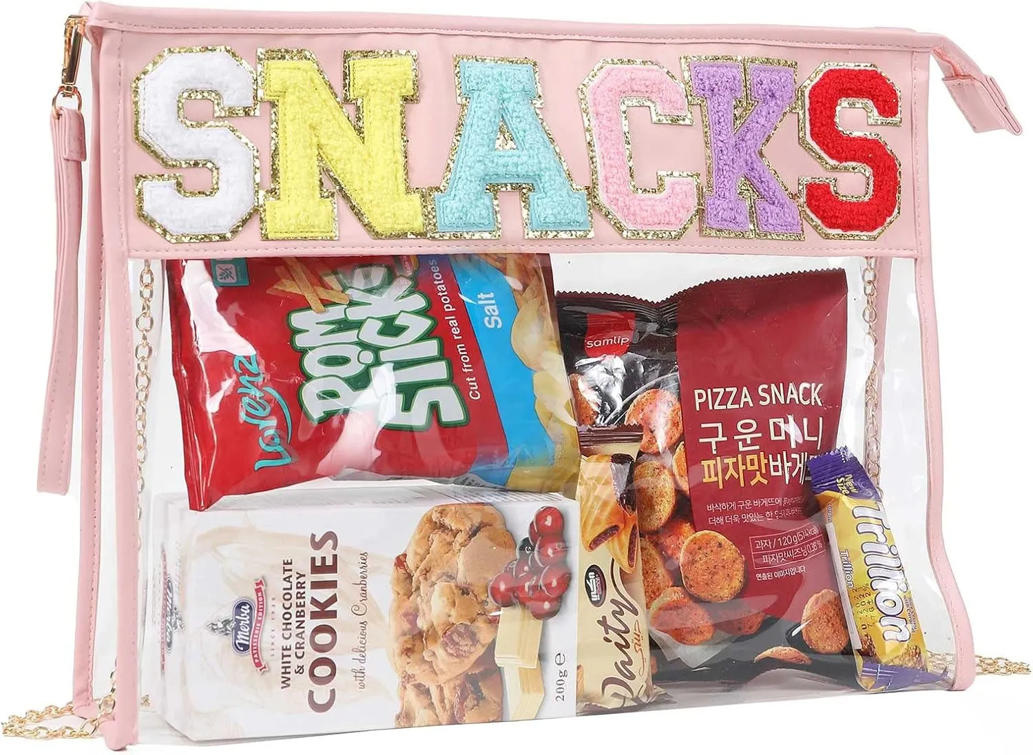 TopTTanBo Chenille Letter Clear Bag Purse Multi-purpose Transparent Waterproof Snacks Makeup Tote Bag with Wrist Strap