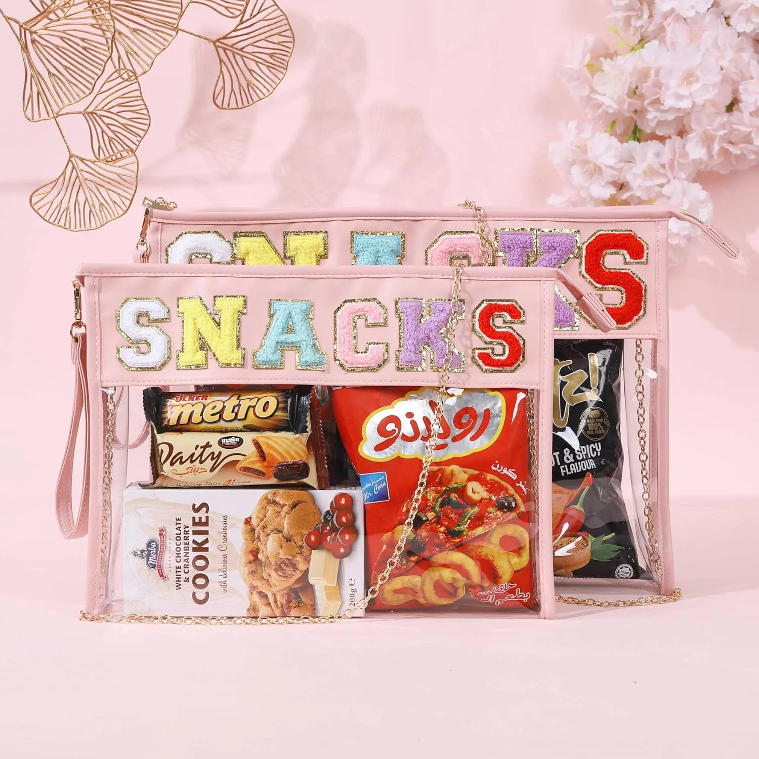 TopTTanBo Chenille Letter Clear Bag Purse Multi-purpose Transparent Waterproof Snacks Makeup Tote Bag with Wrist Strap