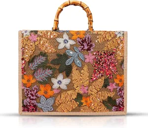 Tote Bag for Women, Beach Bag, Sequin Embroidery Straw Bag, Hand-Woven Bamboo Handle, Bohemian Handbag Large Capacity Shoulder Bag Suitable for Travel Daily