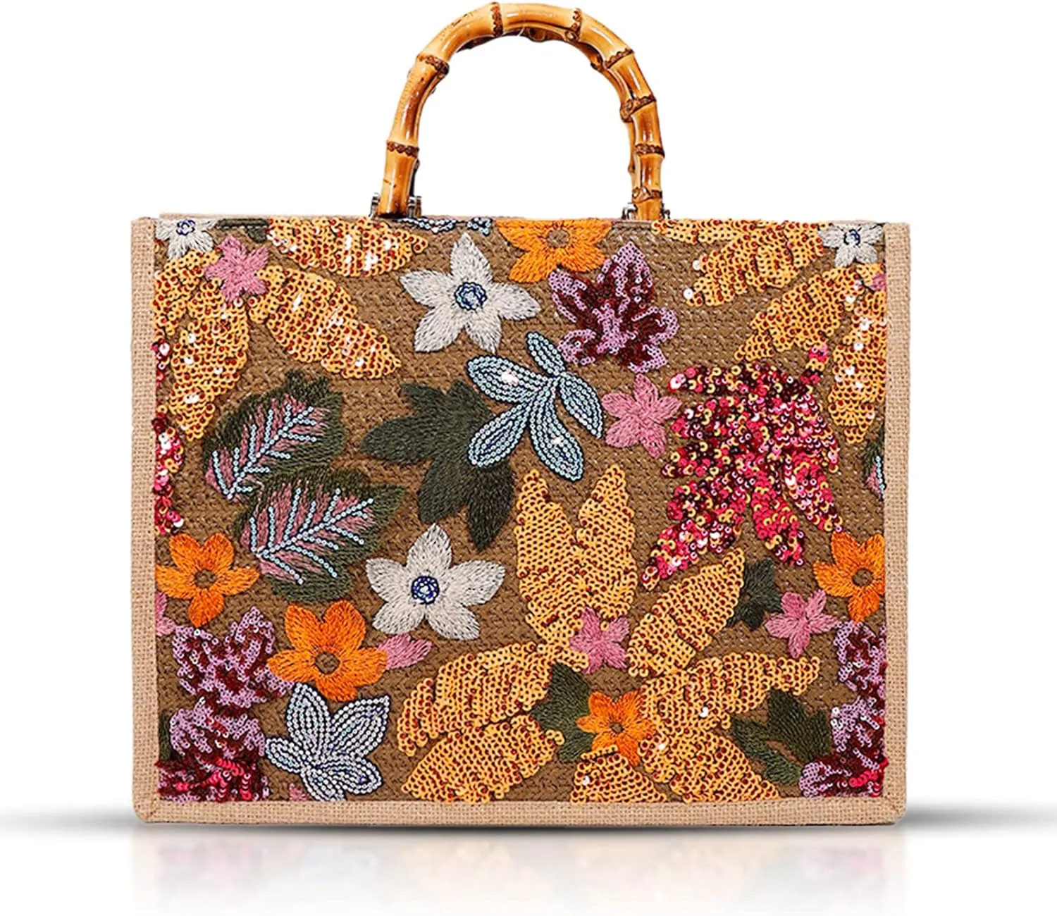 Tote Bag for Women, Beach Bag, Sequin Embroidery Straw Bag, Hand-Woven Bamboo Handle, Bohemian Handbag Large Capacity Shoulder Bag Suitable for Travel Daily