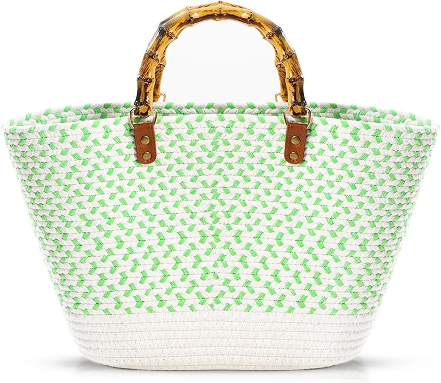 Tote Bag for Women, Hand-woven Knitted Cotton Handbags, Large Capacity Handbag, Bamboo Handle, Woven Bag for Beach Vacation(Green)
