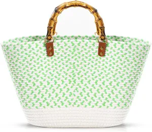 Tote Bag for Women, Hand-woven Knitted Cotton Handbags, Large Capacity Handbag, Bamboo Handle, Woven Bag for Beach Vacation(Green)