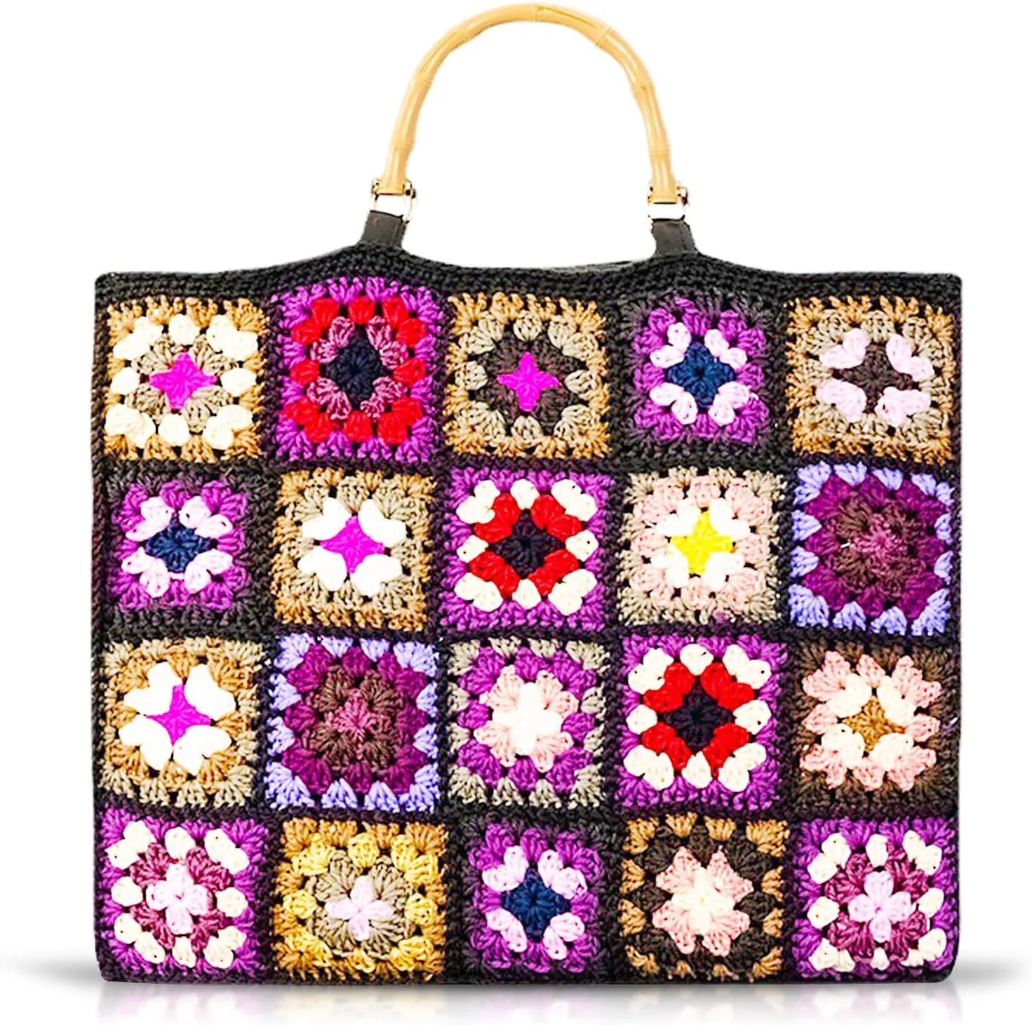 Tote Bag for Women, Multicolored Plaid Hand-woven Knitted Cotton Handbags, Large Capacity Handbag, Bamboo Handle, Woven Bag for Beach Vacation