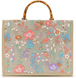 Tote Bag, Sackcloth Handbags for Women, Embroidery Beach Bags, Natural Bamboo Handle, Bohemian Handbag Large Capacity Shoulder Bag Suitable for Travel Daily (Beige)