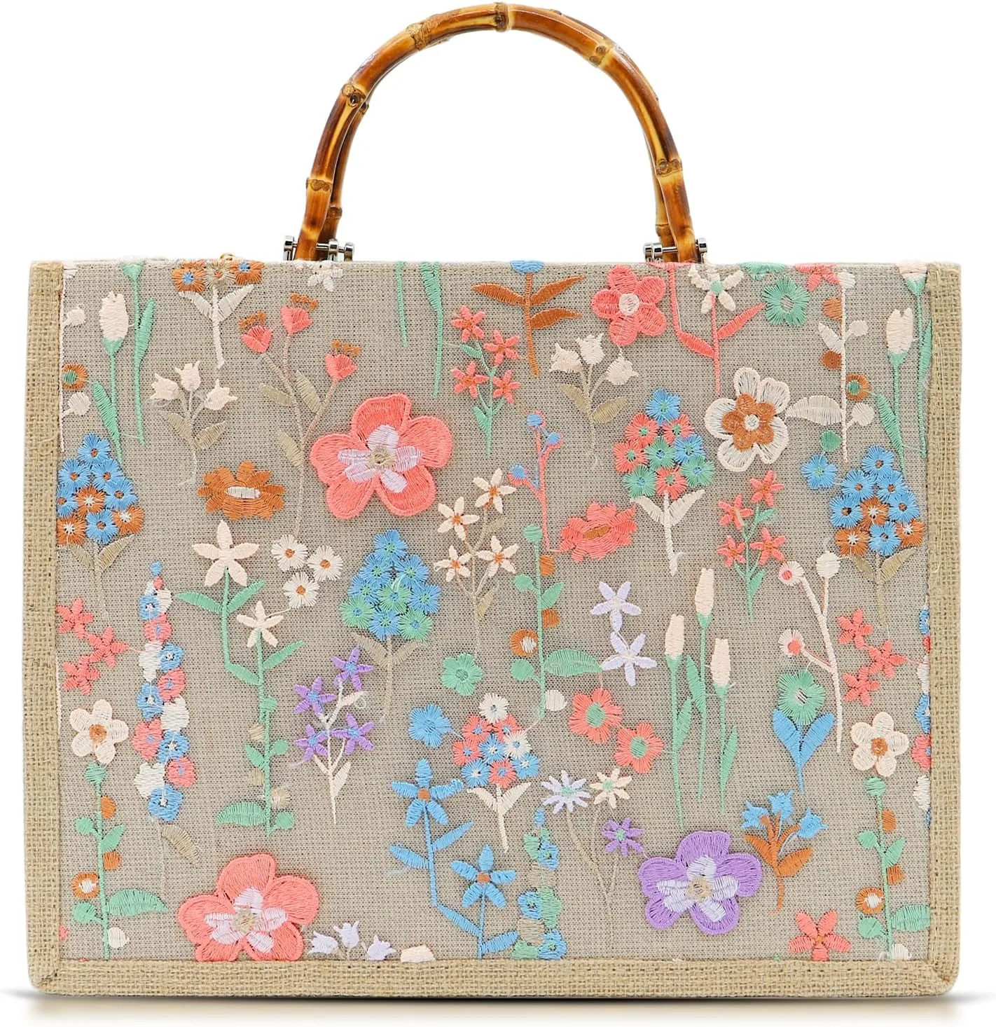 Tote Bag, Sackcloth Handbags for Women, Embroidery Beach Bags, Natural Bamboo Handle, Bohemian Handbag Large Capacity Shoulder Bag Suitable for Travel Daily (Beige)