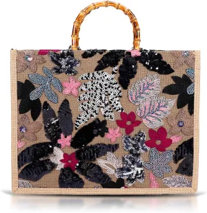 Tote Bag, Sackcloth Handbags for Women, Sequin Embroidery Beach Bags, Natural Bamboo Handle, Bohemian Handbag Large Capacity Shoulder Bag Suitable for Travel Daily(Black Flowers)