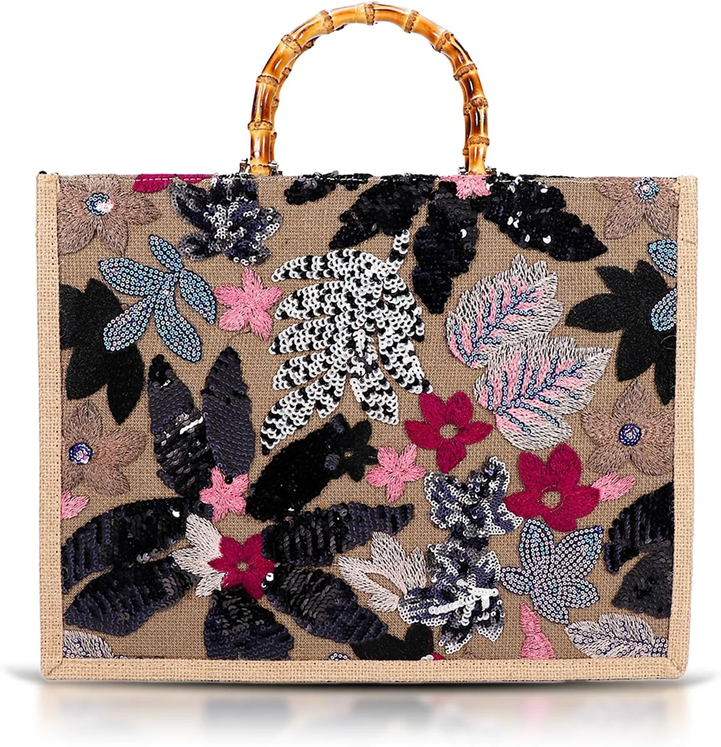 Tote Bag, Sackcloth Handbags for Women, Sequin Embroidery Beach Bags, Natural Bamboo Handle, Bohemian Handbag Large Capacity Shoulder Bag Suitable for Travel Daily(Black Flowers)