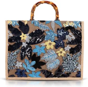 Tote Bag, Sackcloth Handbags for Women, Sequin Embroidery Beach Bags, Natural Bamboo Handle, Bohemian Handbag Large Capacity Shoulder Bag Suitable for Travel Daily(Blue Flowers)