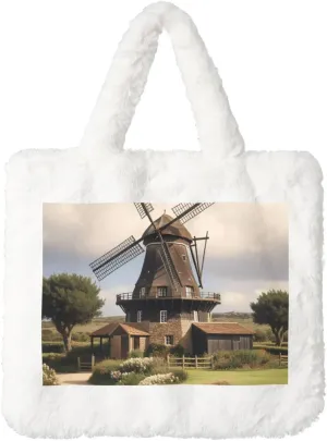 Traditional Windmill Printed Plush Handbag, White Soft Faux Rabbit Fur Shoulder Bag for Women, Suitable for Autumn and Winter