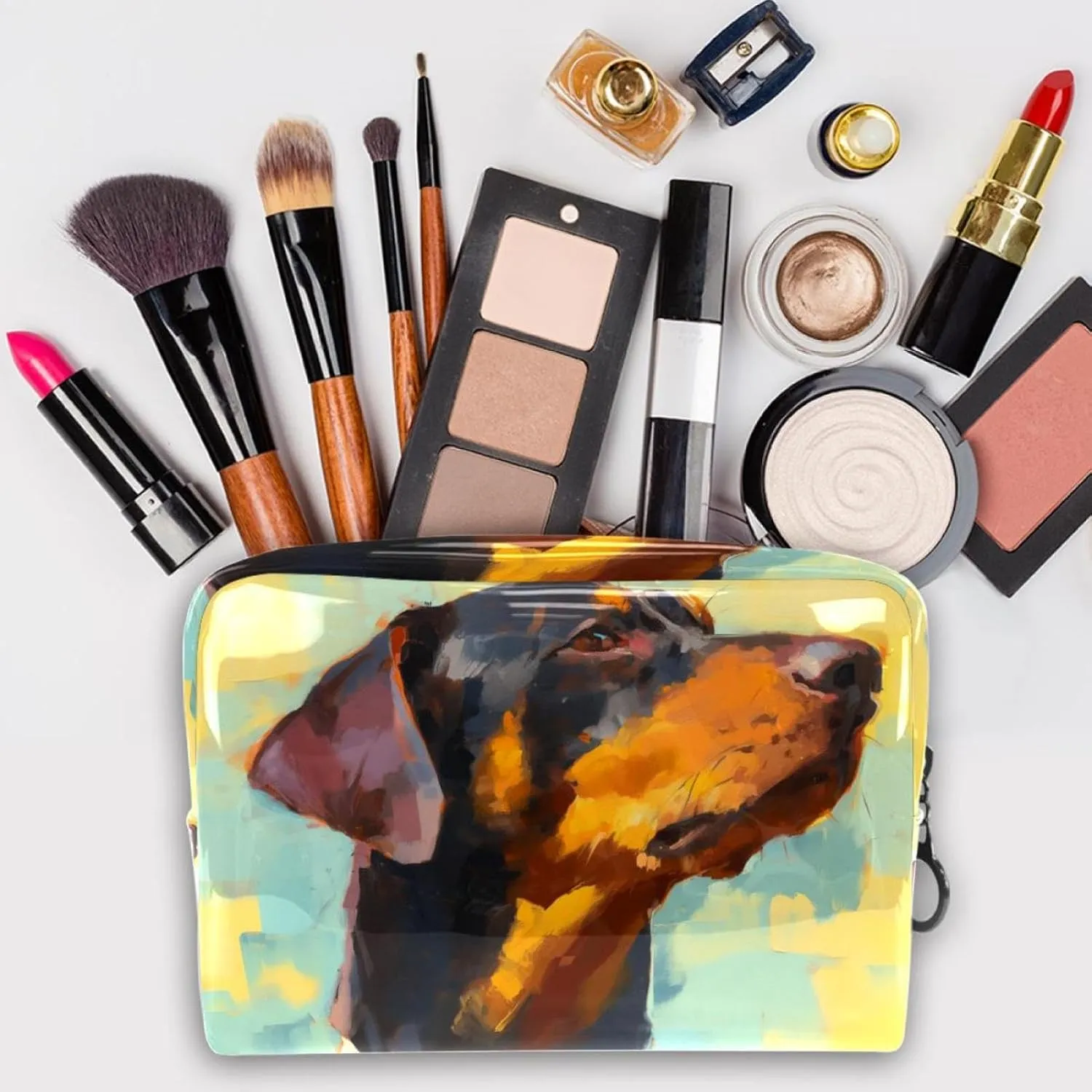 Travel Makeup Bag Brown Dog Painting Cosmetic Bag Waterproof Toiletry Bag Portable Pouch For Women 7.3x3x5.1in