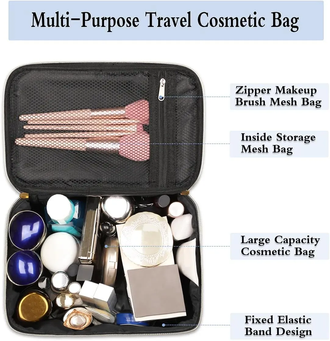 Travel Makeup Bag Cartoon Fishes Print PU Large Capacity Cosmetic Bag for Women Portable Cosmetic Bag with Handle for Girls Wedding Makeup Brushes