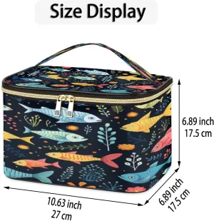 Travel Makeup Bag Cartoon Fishes Print PU Large Capacity Cosmetic Bag for Women Portable Cosmetic Bag with Handle for Girls Wedding Makeup Brushes