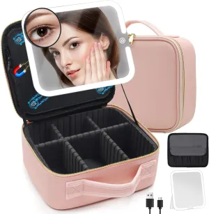 Travel Makeup Bag Cosmetic Organizer Bag with Large Magnetic Removable Lighted Mirror, Makeup Case with Mirror and Lights 3-Color Modes Adjustable Brightness 360° Angle, Makeup Travel Train Case Gift