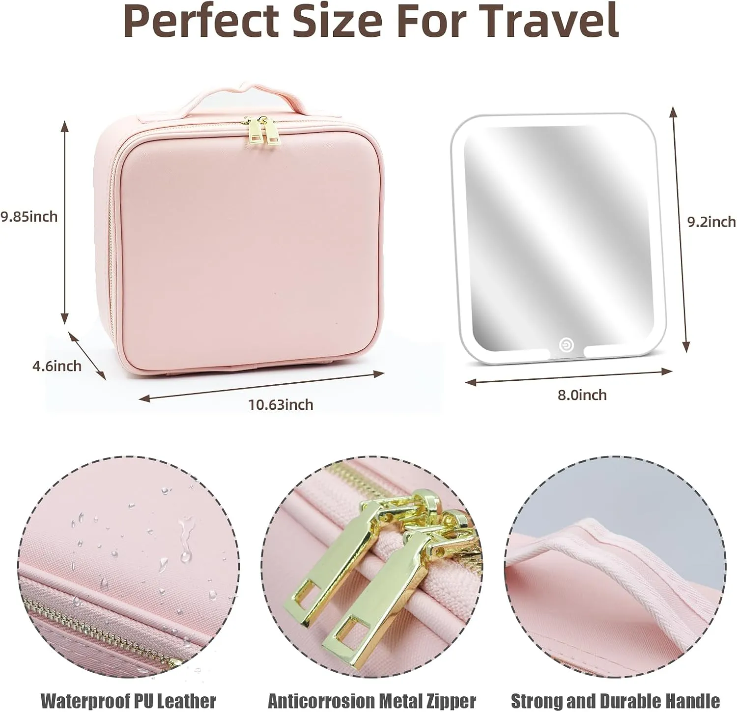 Travel Makeup Bag Cosmetic Organizer Bag with Large Magnetic Removable Lighted Mirror, Makeup Case with Mirror and Lights 3-Color Modes Adjustable Brightness 360° Angle, Makeup Travel Train Case Gift
