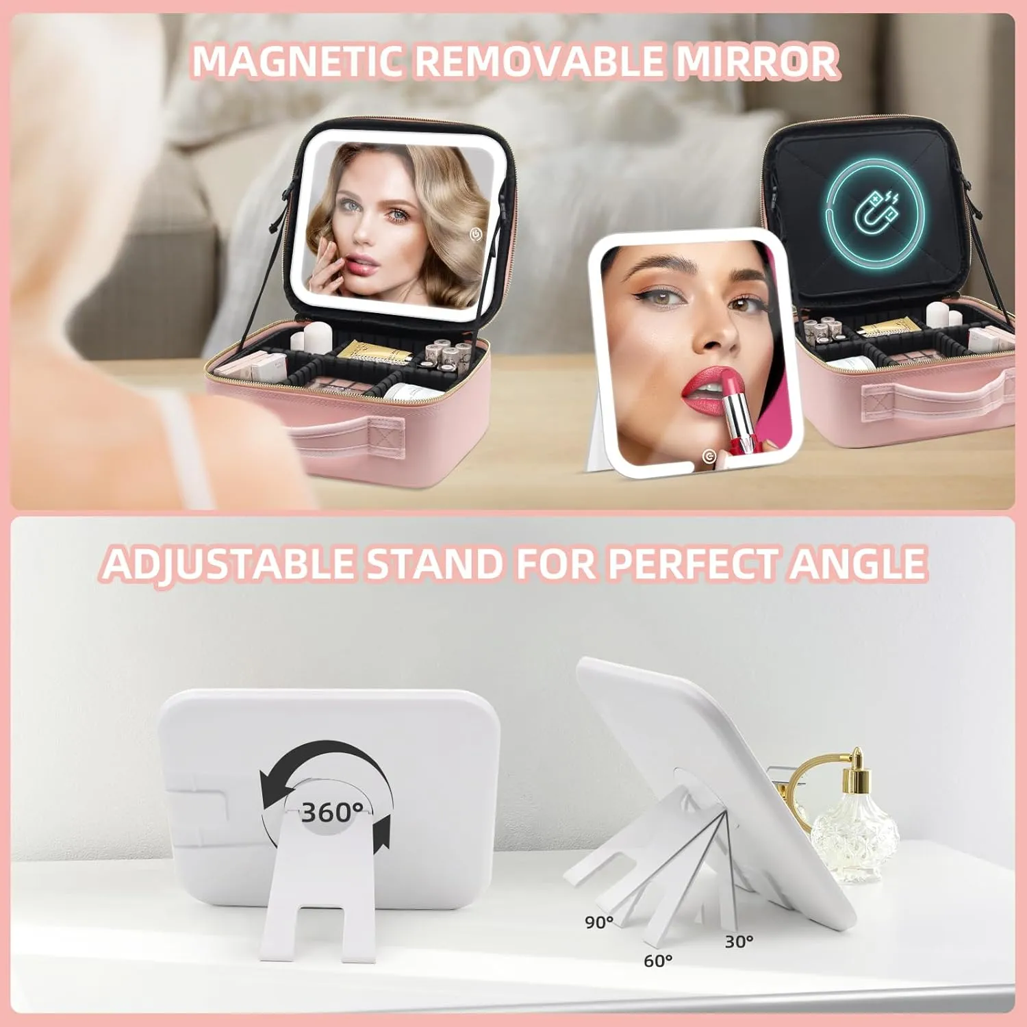 Travel Makeup Bag Cosmetic Organizer Bag with Large Magnetic Removable Lighted Mirror, Makeup Case with Mirror and Lights 3-Color Modes Adjustable Brightness 360° Angle, Makeup Travel Train Case Gift