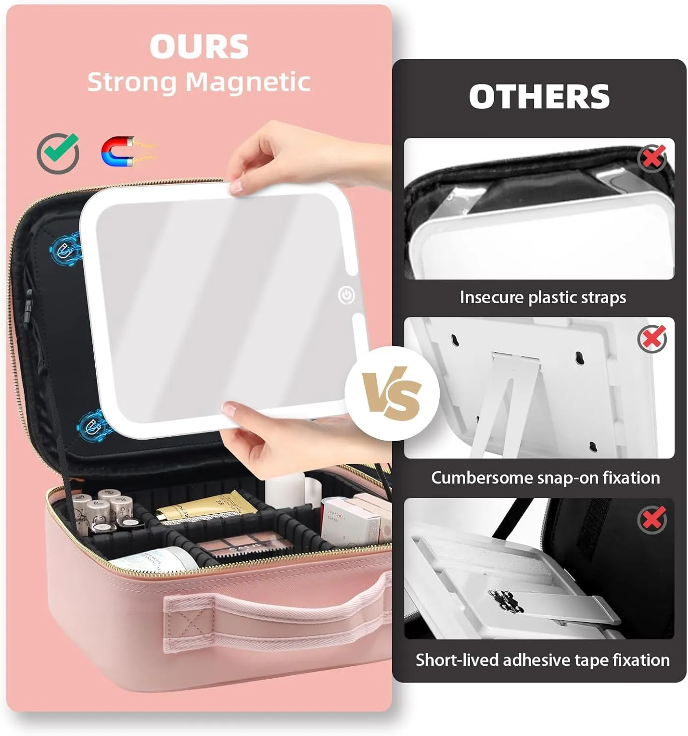 Travel Makeup Bag Cosmetic Organizer Bag with Large Magnetic Removable Lighted Mirror, Makeup Case with Mirror and Lights 3-Color Modes Adjustable Brightness 360° Angle, Makeup Travel Train Case Gift